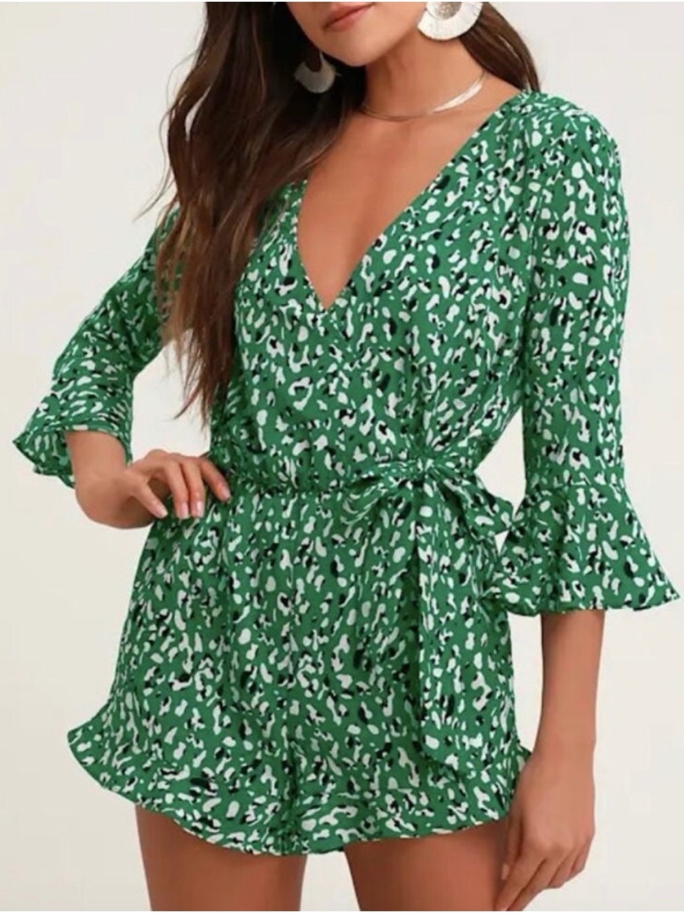 Lulu's Green/Black/White Print Wrap Romper